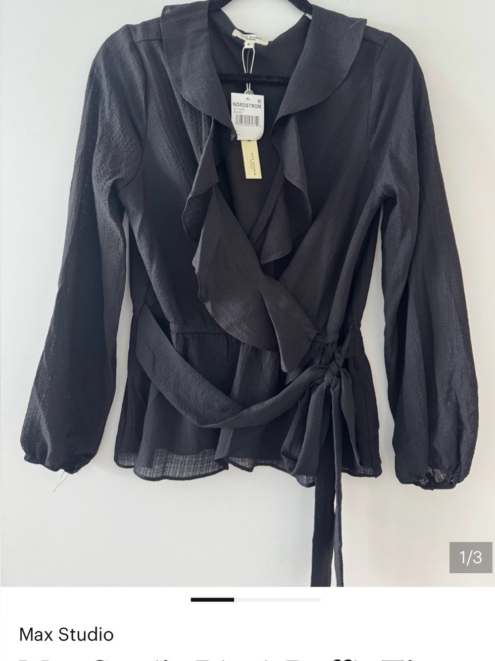 Max Studio Black Ruffle Wrap Top